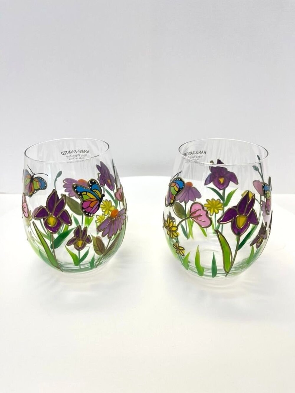 Set 2 Hand Painted Floral Butterfly Stemless Wine Glasses - Picture 3 of 7
